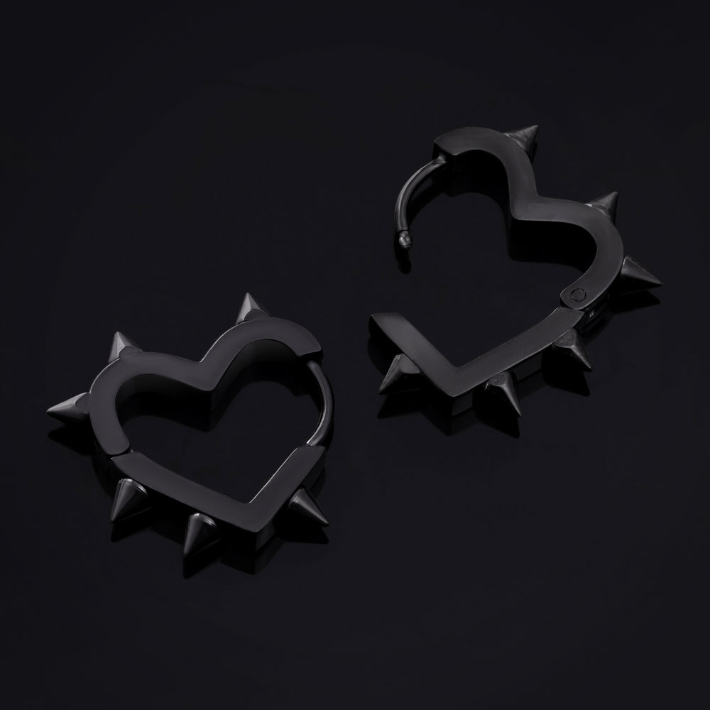 Stainless Steel Black Spiked Heart Huggie Hoop Earrings (Pair) - 316L Stainless Steel Hoop Earrings / Black Spiked Heart Huggie Hoops / Alternative Piercings / Spiked Jewellery