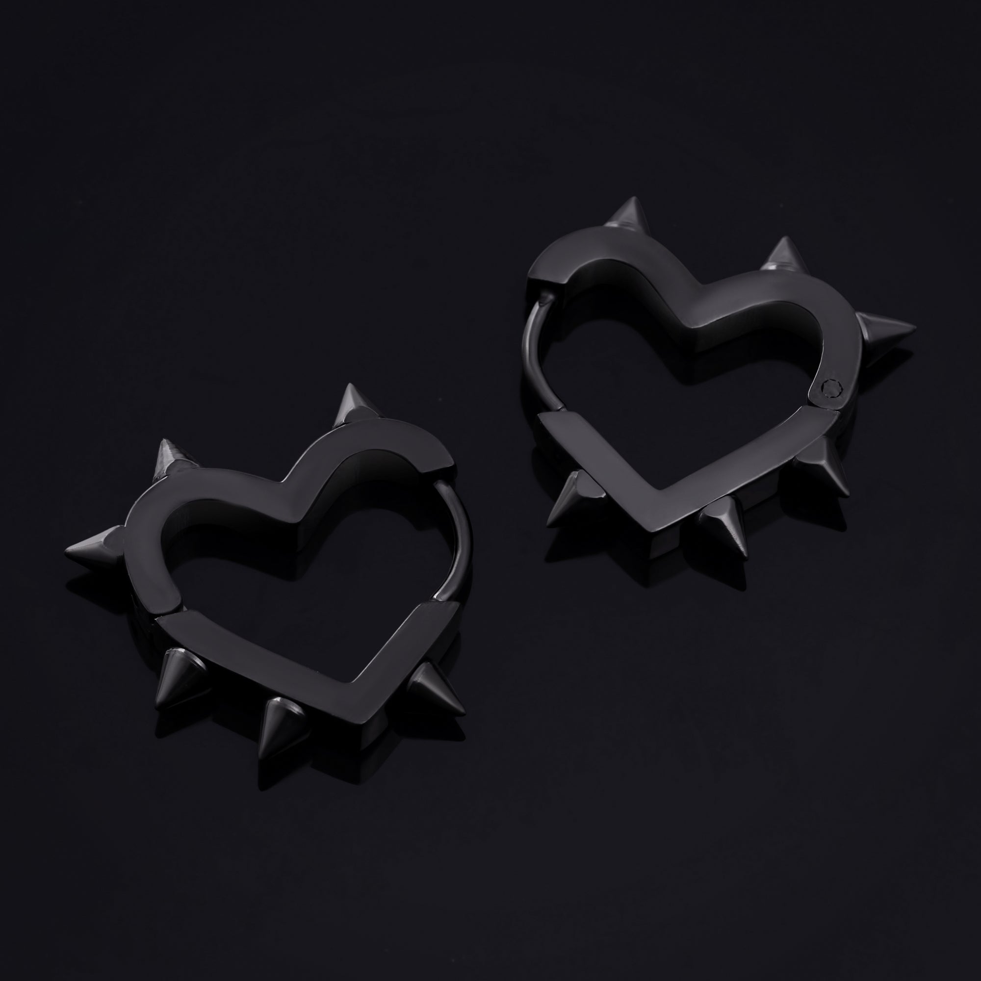 Huggie Hoop Earrings, Black, Spiked Heart, Stainless Steel - Pair