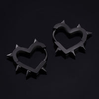 Boucles d'oreilles créoles Huggie, noires, cœur clouté, acier inoxydable - paire