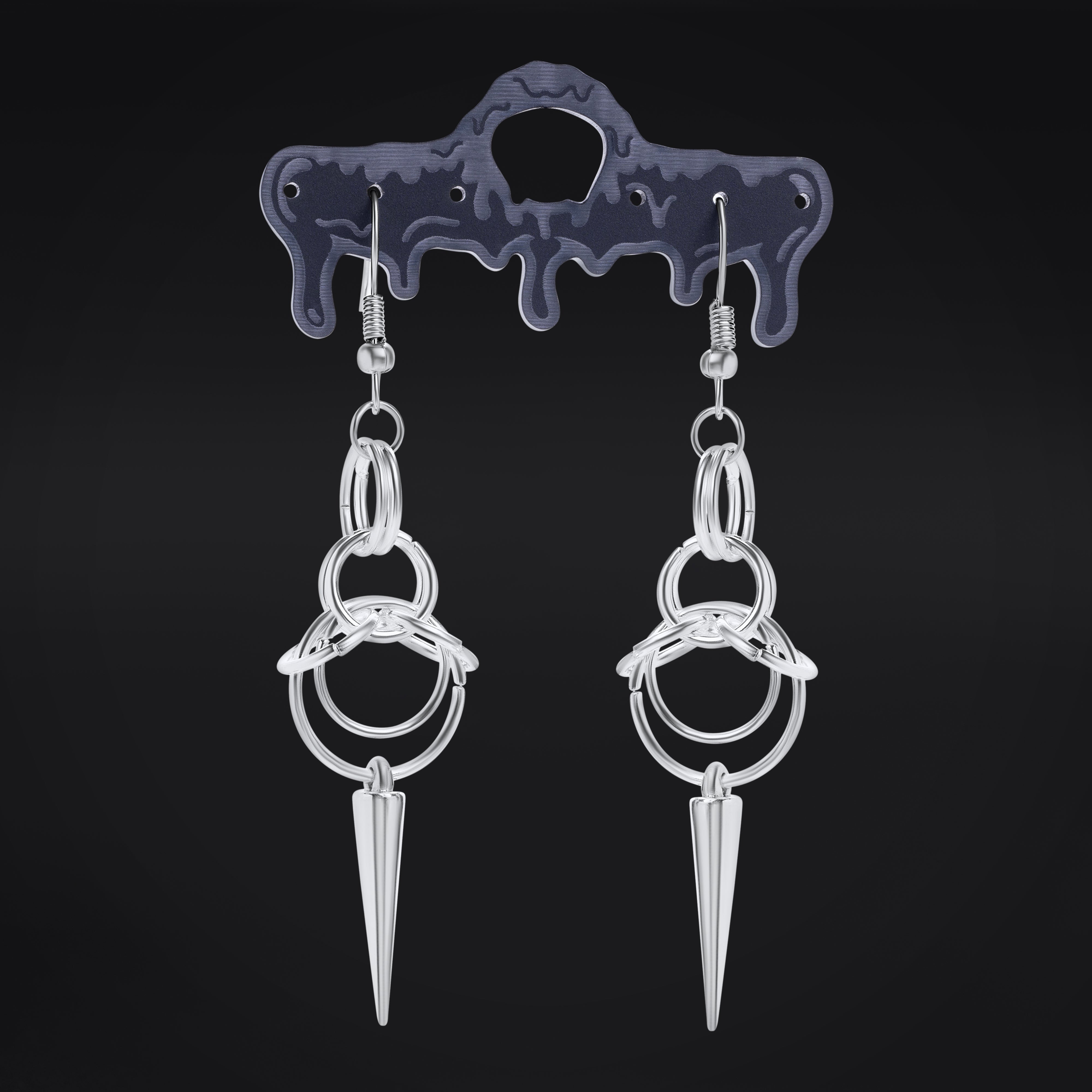 Dangle Hook Earrings, Silver, Double Hoop & Spike, Stainless Steel - Pair