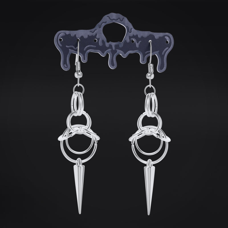 Boucles d’oreilles pendantes à crochet, argentées, double anneau et pointe, acier inoxydable - la paire