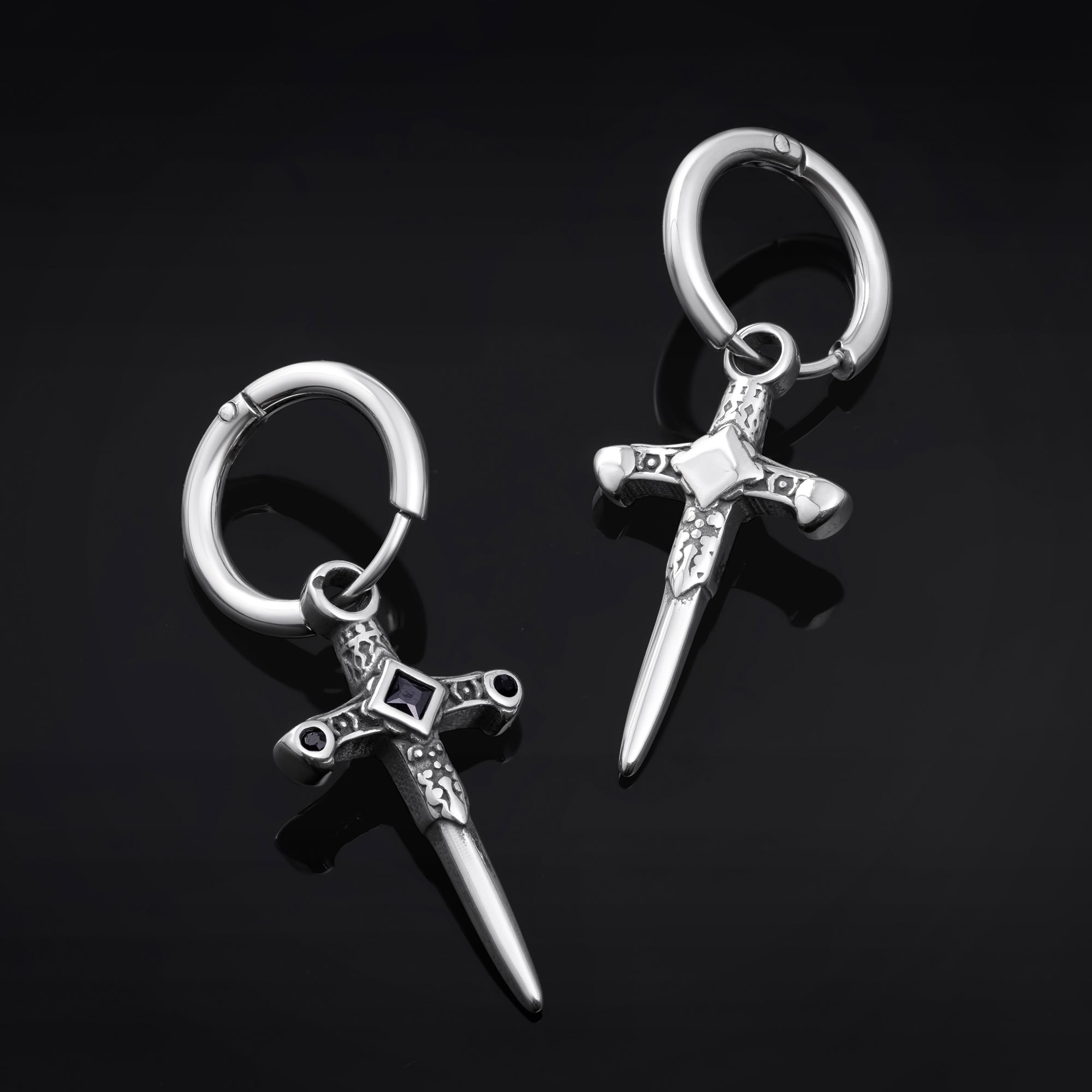 Huggie Hoop Earrings, Silver, Dangle Sword with Black Gem, Steel - Pair
