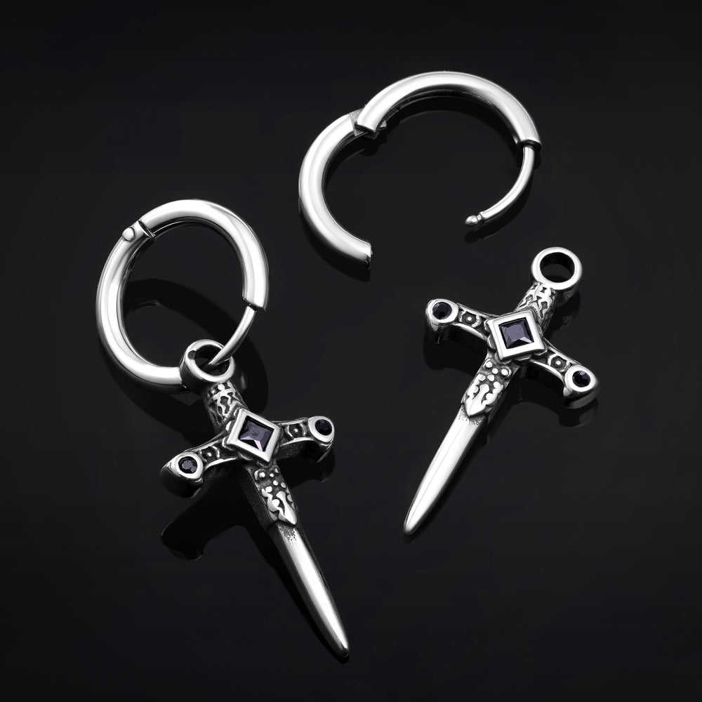 Stainless Steel Silver Huggie Hoop Earrings With Black Gem Sword Dangle (Pair) - 316L Stainless Steel Hoop Earrings / Silver Huggie Hoops / Alternative Piercings / Sword Dangle / Jewellery