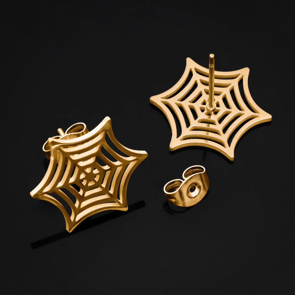 Stud Earrings, Gold, Spider Web Design, Titanium - Pair - Titanium Spider Web Stud Earrings / Alternative Piercings / Jewellery