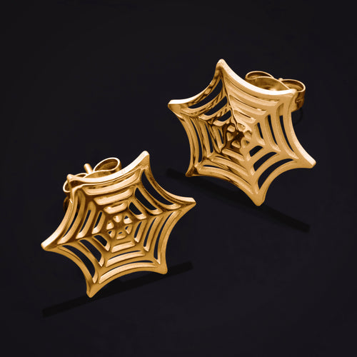 Stud Earrings, Gold, Spider Web Design, Titanium - Pair