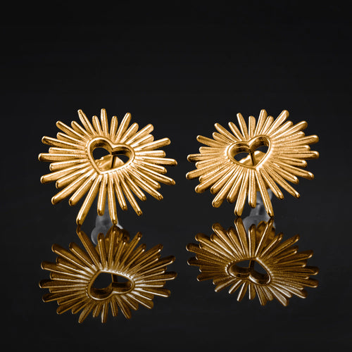 Stud Earrings, Gold, Sunburst Heart, 316L Stainless Steel - Pair