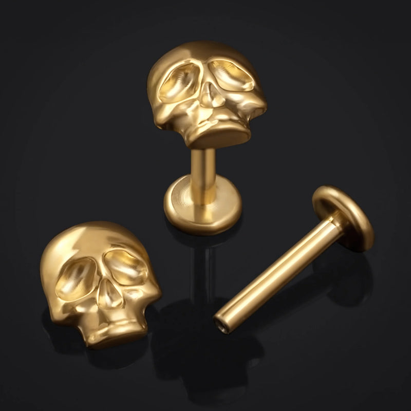 Labret en titane à filetage interne avec crâne doré, calibre 1,2 mm