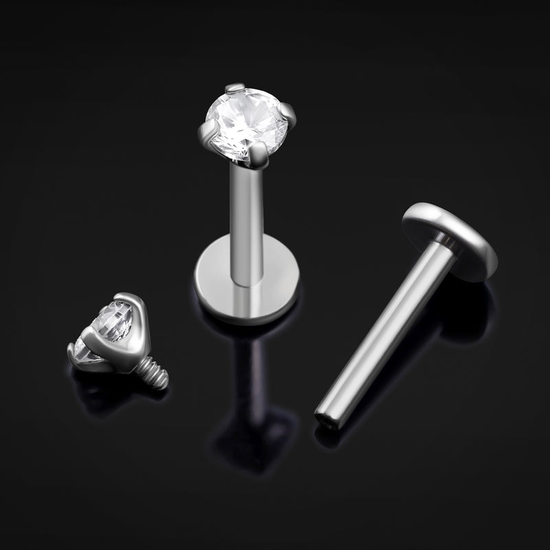 Labret, argent, gemme transparente, filetage interne, titane, 1.2mm