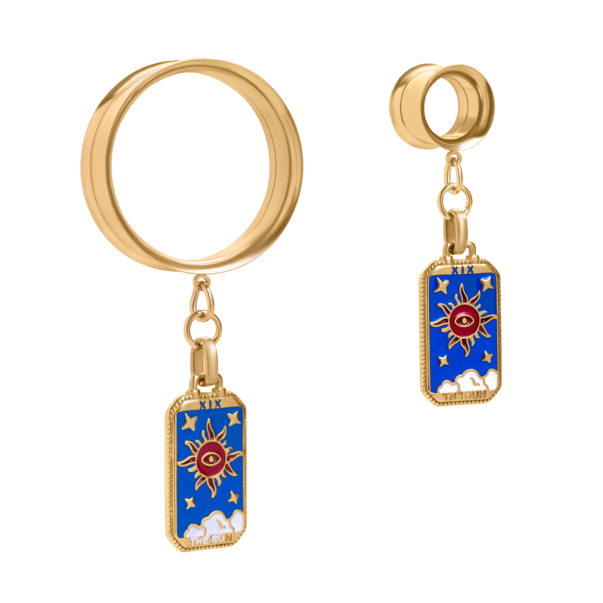 Goldener Stahl Allsehende-Sonne-Tarot-Charm Doppel-Flare-Dangle-Ohrtunnel / Plug / Gauge