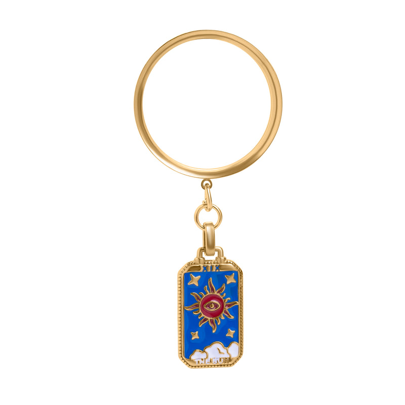 Tunnel d’oreille / Plug / jauge pendante à double évasement en acier doré, charme tarot Soleil omnivoyant