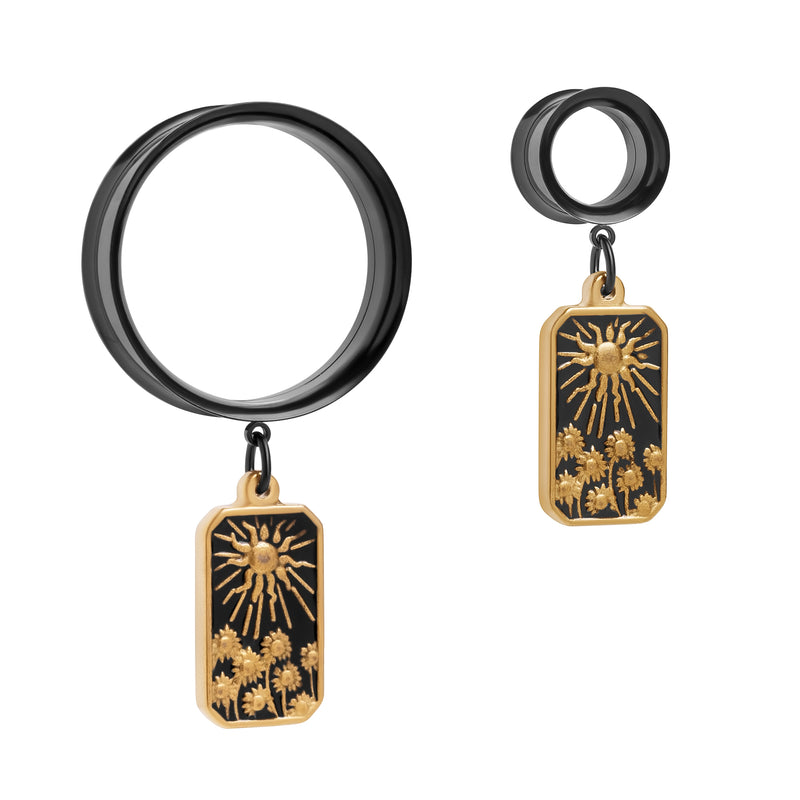 Acier noir Pendentif soleil épanoui Tunnel d'oreille pendante à double évasement / Plug / Gauge
