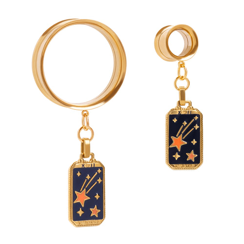 The Cosmic Star Tarot Charm Gold Steel Double Flared Tunnel Dangle / Plug / Gauge