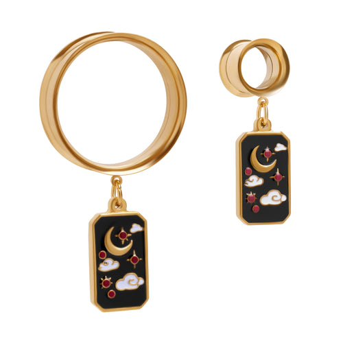 The Crimson Constellation Charm Gold Steel Double Flared Tunnel Dangle / Plug / Gauge