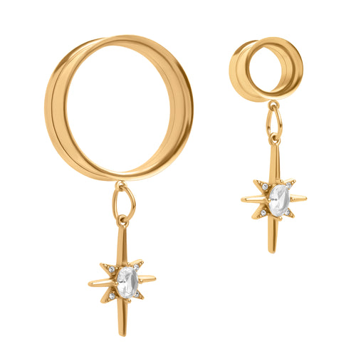 The Crystal Star Charm Gold Steel Double Flared Tunnel Dangle / Plug / Gauge