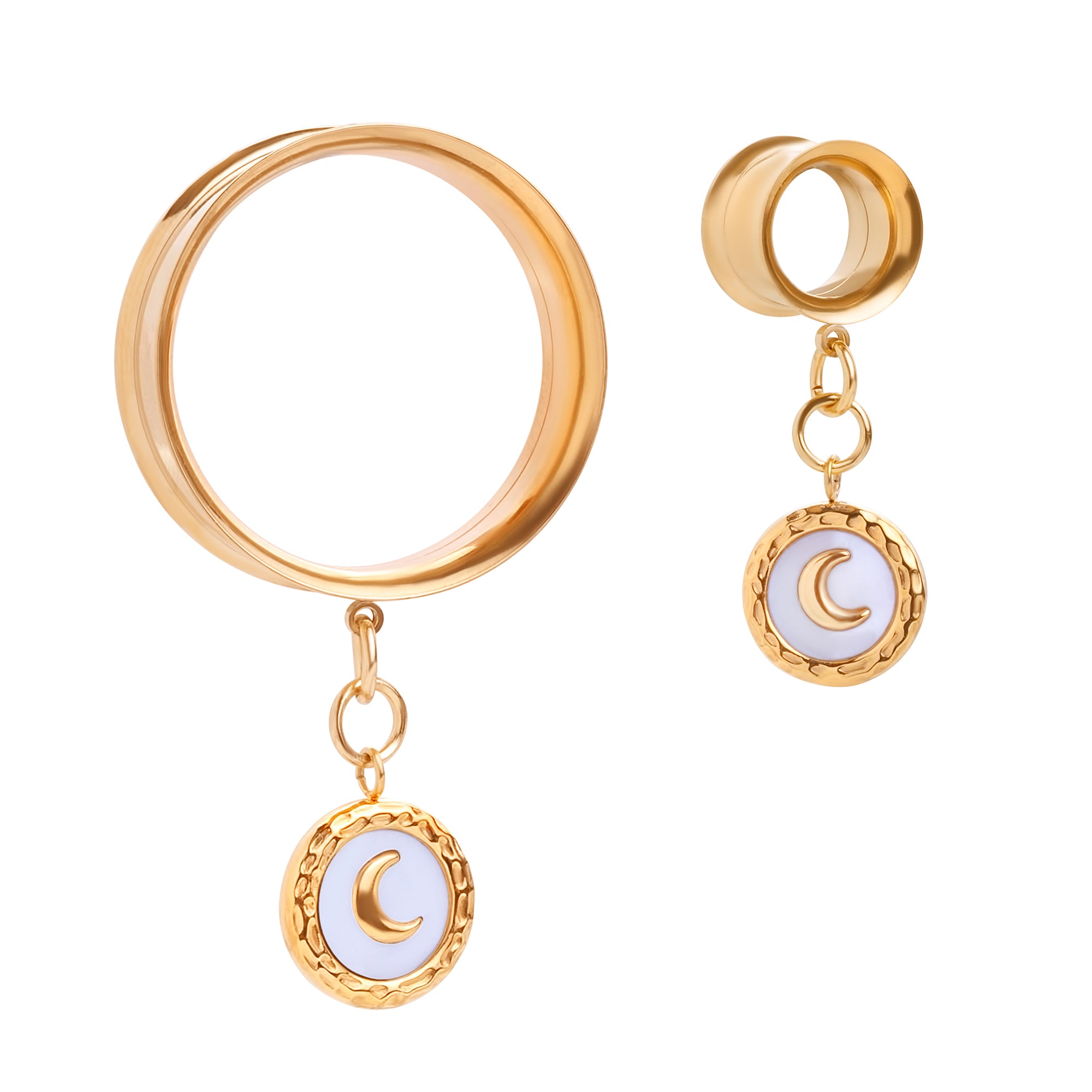 Gold Steel The Gilded Moon Charm Double Flare Dangle Ear Tunnel / Plug / Gauge