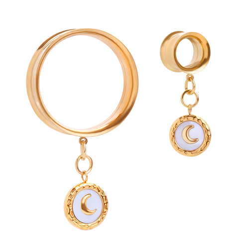 The Gilded Moon Charm Gold Steel Double Flared Tunnel Dangle / Plug / Gauge