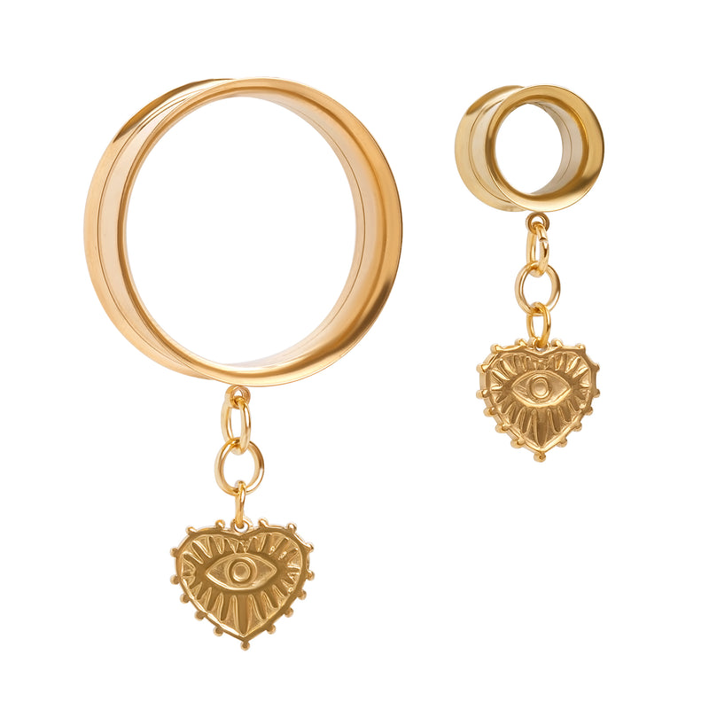 Or, acier, charme Golden Gaze, tunnel d’oreille pendant à double évasement / Plug / gauge