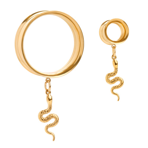 The Golden Serpent Charm Gold Steel Double Flared Tunnel Dangle / Plug / Gauge