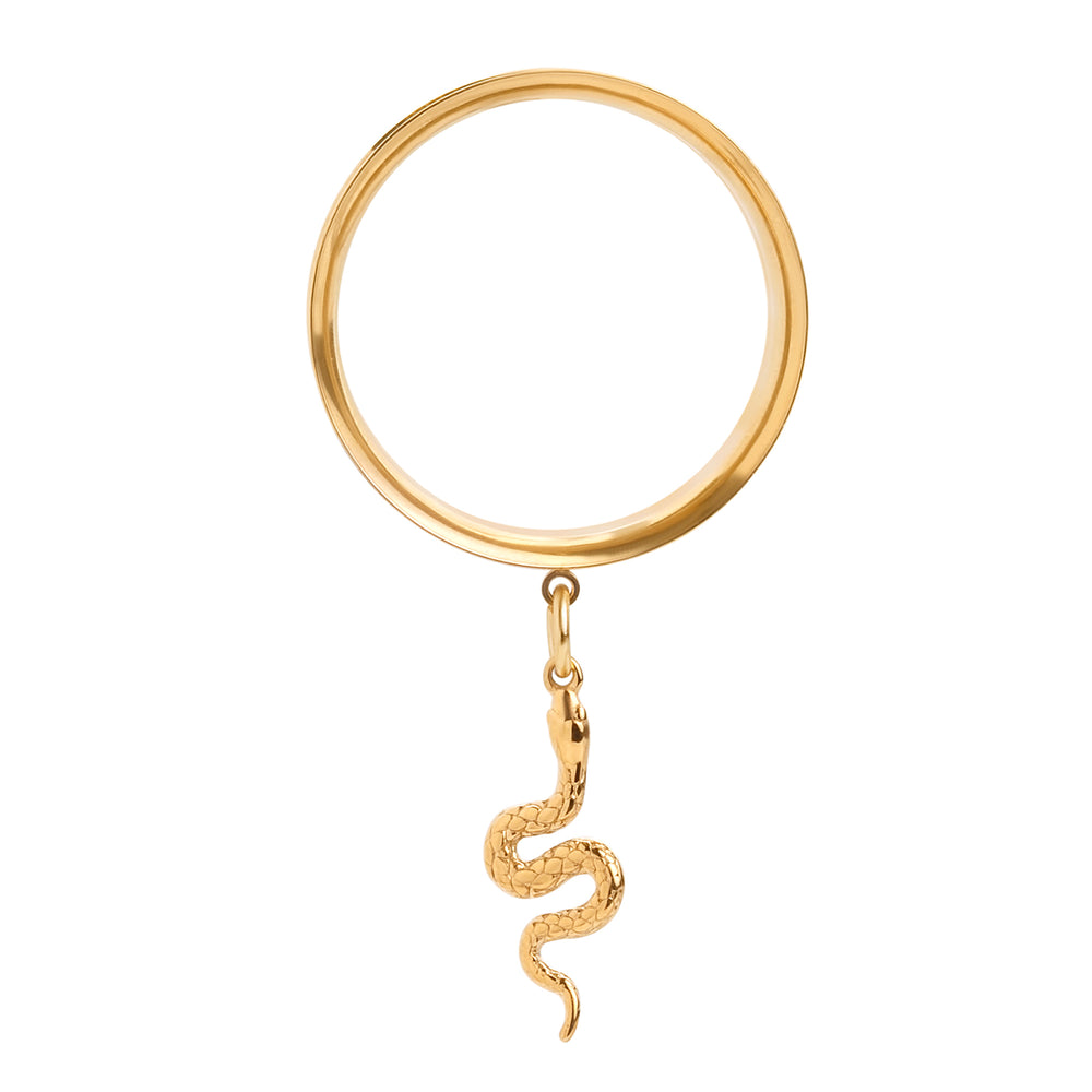 The Golden Serpent Charm Gold Steel Double Flared Tunnel Dangle / Plug / Gauge - Metal Ear Plugs in 6mm (2g) - 30mm (1.18'') Gauge Sizes