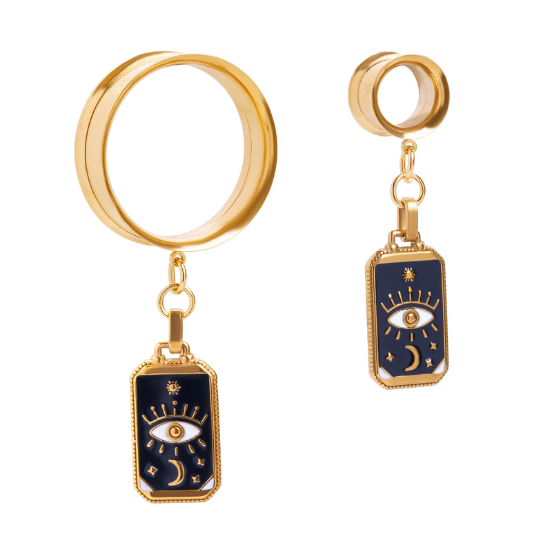 Tunnel d’oreille pendant à double évasement, charme Œil des Oracles en acier doré / Plug / gauge