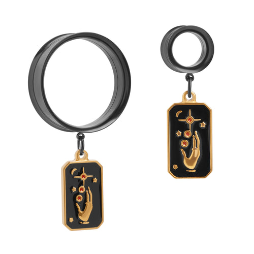 The Seekers Hand Charm Black Steel Double Flared Tunnel Dangle / Plug / Gauge