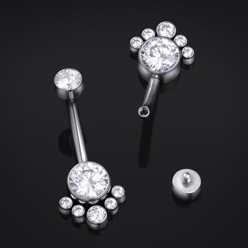 Barre de nombril, argent, grappe flottante, titane, fileté intérieurement, 1.6mm