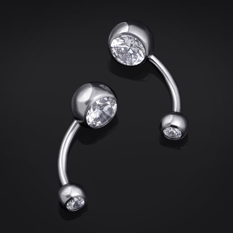 Barre de nombril, argent, gemme transparente, titane, fileté intérieurement, 1.6mm