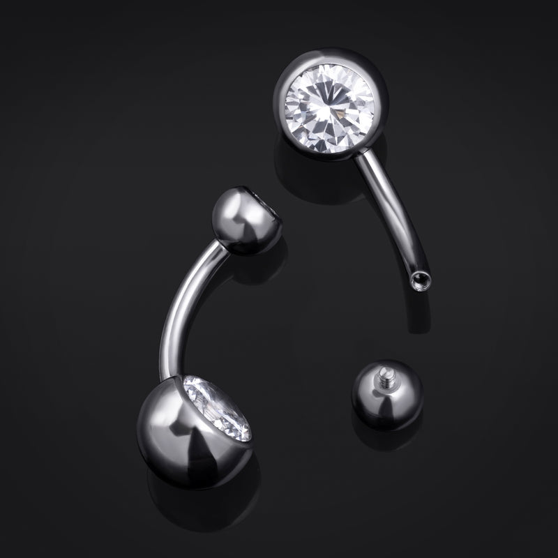 Barre de nombril, argent, gemme transparente, titane, fileté intérieurement, 1.6mm