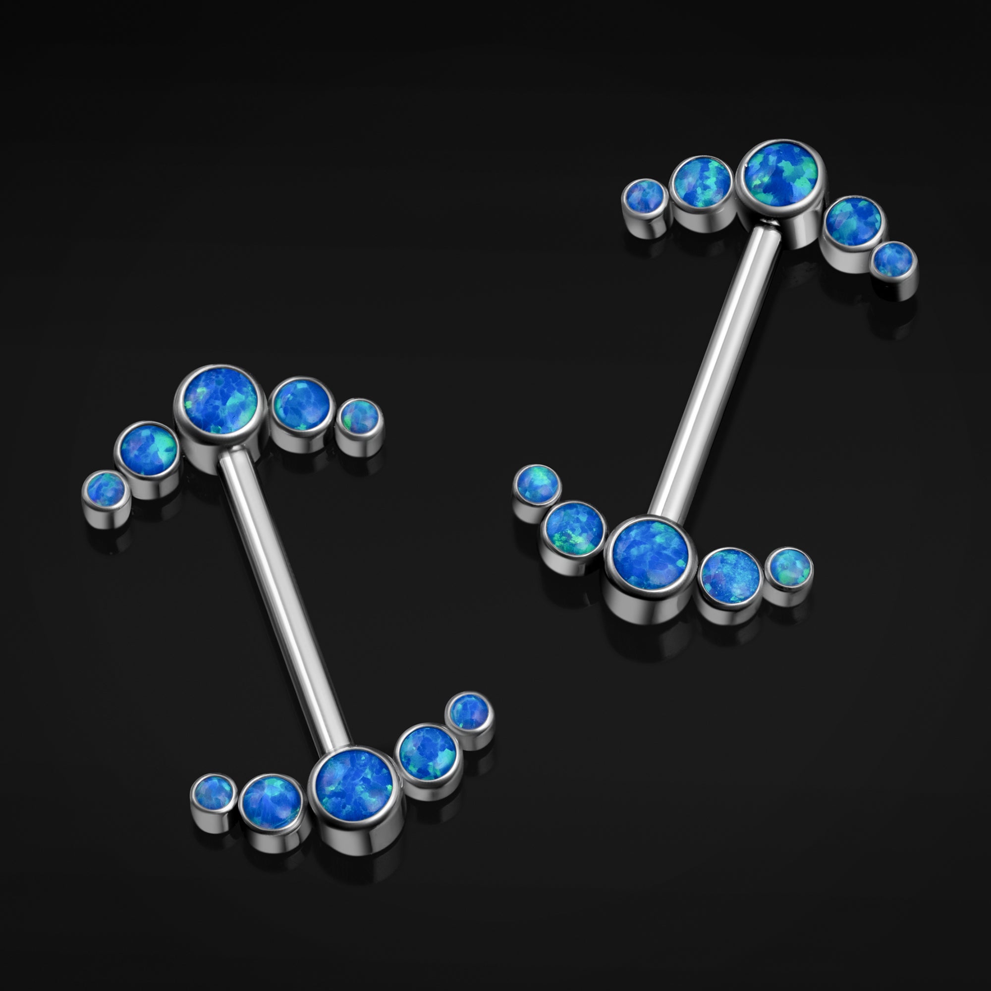 Nipple Barbell, Silver, Blue Opal Cluster, Internal Thread, Titanium, 1.6mm