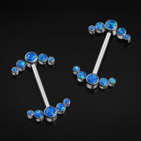 Barbell de téton, argent, grappe d'opale bleue, filetage interne, titane, 1.6mm