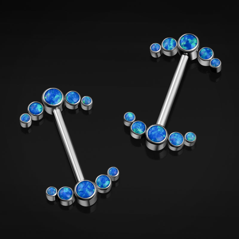 Barbell de téton, argent, grappe d'opale bleue, filetage interne, titane, 1.6mm