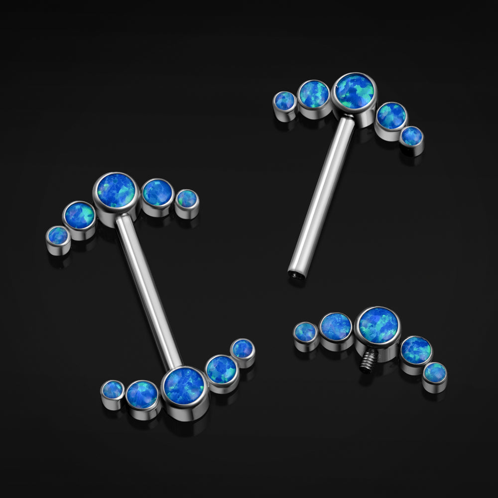 Titanium Internally Threaded Curved Blue Opal Nipple Bar Cluster 1.6mm Gauge in Silver - Silver Opal Internally Threaded Nipple Bar Piercing - 16mm