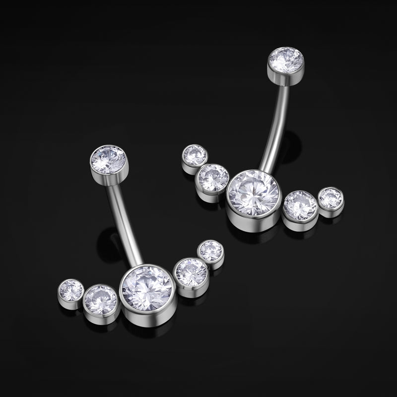 Barre de nombril, argent, grappe de gemmes transparentes, titane, fileté intérieurement, 1.6mm