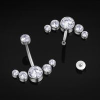 Barre de nombril, argent, grappe de gemmes transparentes, titane, fileté intérieurement, 1.6mm