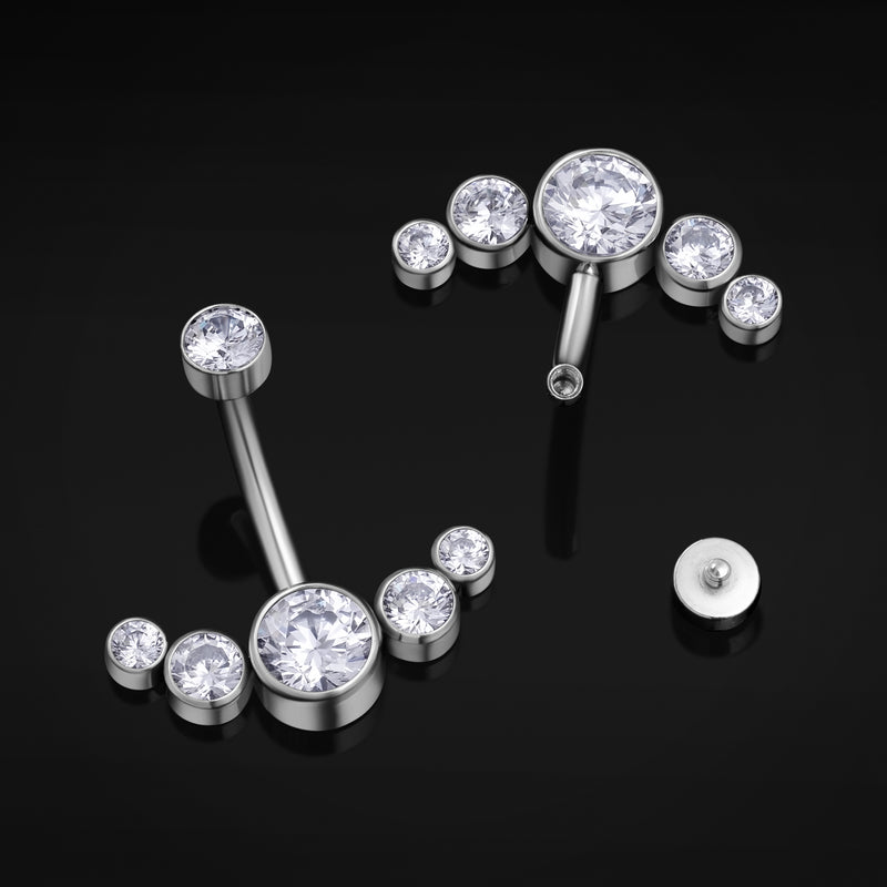 Barre de nombril, argent, grappe de gemmes transparentes, titane, fileté intérieurement, 1.6mm