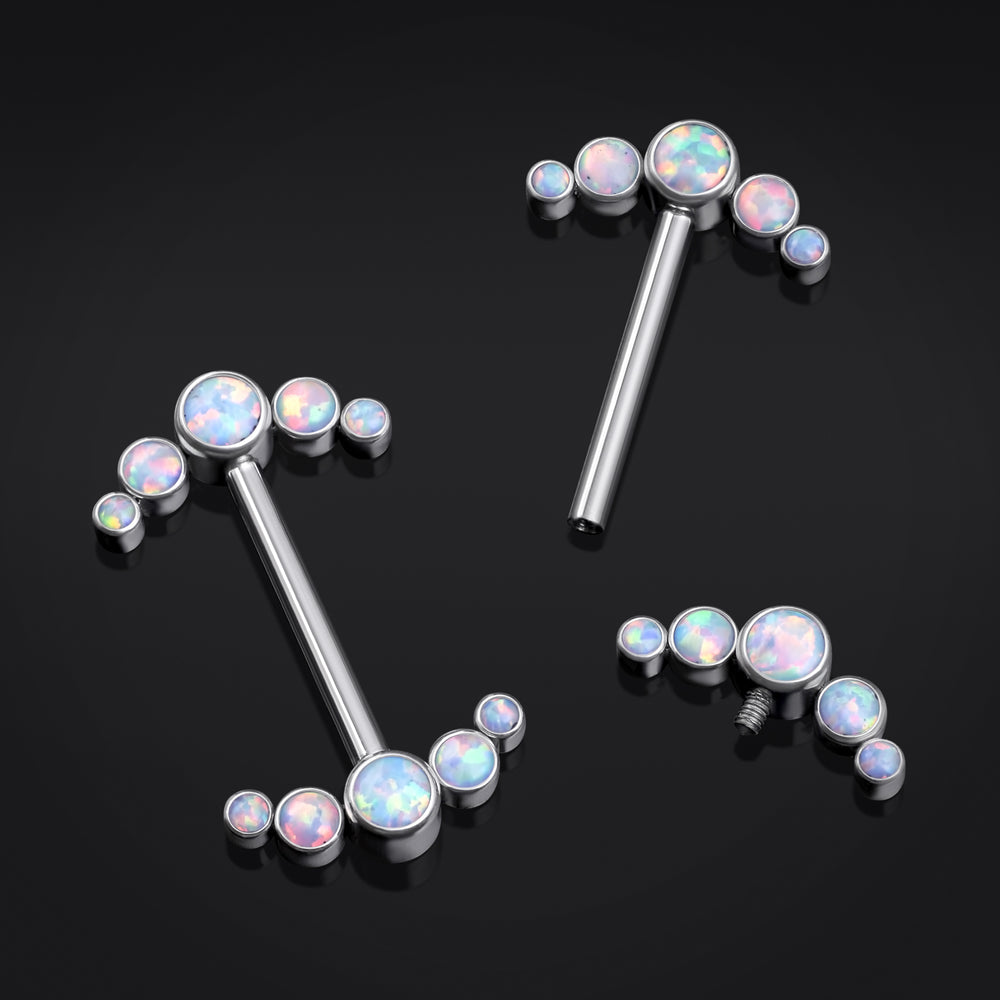 Titanium Internally Threaded Curved Opal Nipple Bar Cluster 1.6mm Gauge in Silver - Silver Opal Internally Threaded Nipple Bar Piercing - 16mm