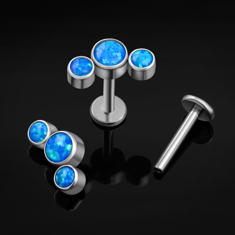 Labret, argent, triple opale bleue, titane, filetage interne, 1.2 mm