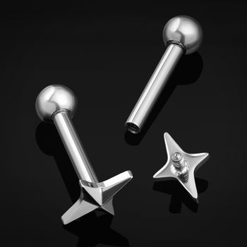 Tragus Stud, Silver, Four Point Star, Titanium, 1.2mm