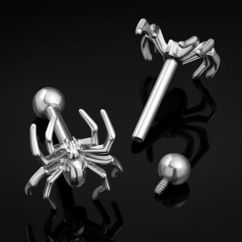 Tragus Stud, Silver, Spider, Titanium, 1.2mm - Silver Internally Threaded Tragus Jewellery for Cartilage Piercings - 6mm / 8mm