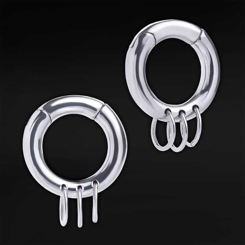 Silver Triple Ring Steel Hoop Ear Hangers - Pair