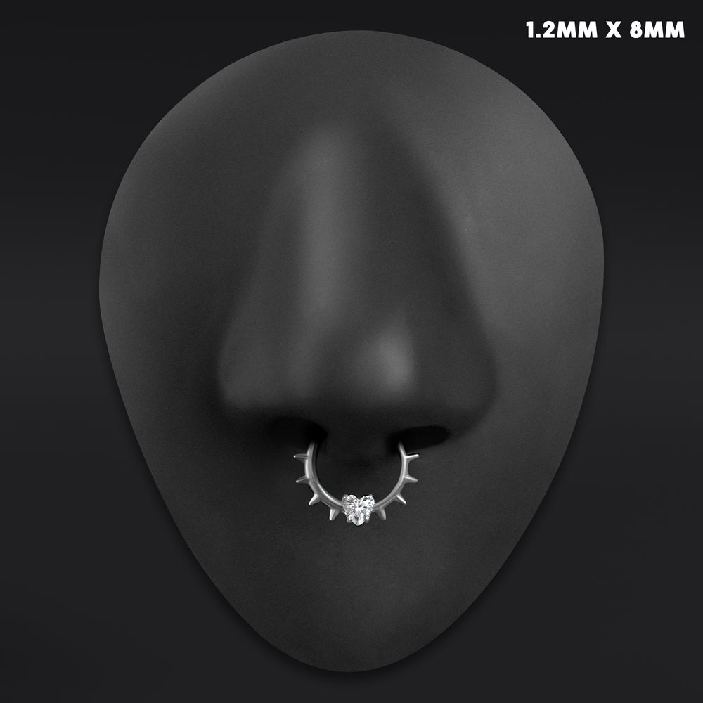 Silver Jewelled Spiked Septum Ring ASTM F136 Titanium 1.2mm Gauge - Silver Jewelled Spiked Septum Ring / ASTM F136 Titanium / 1.2mm Gauge / Nose / Septum Ring
