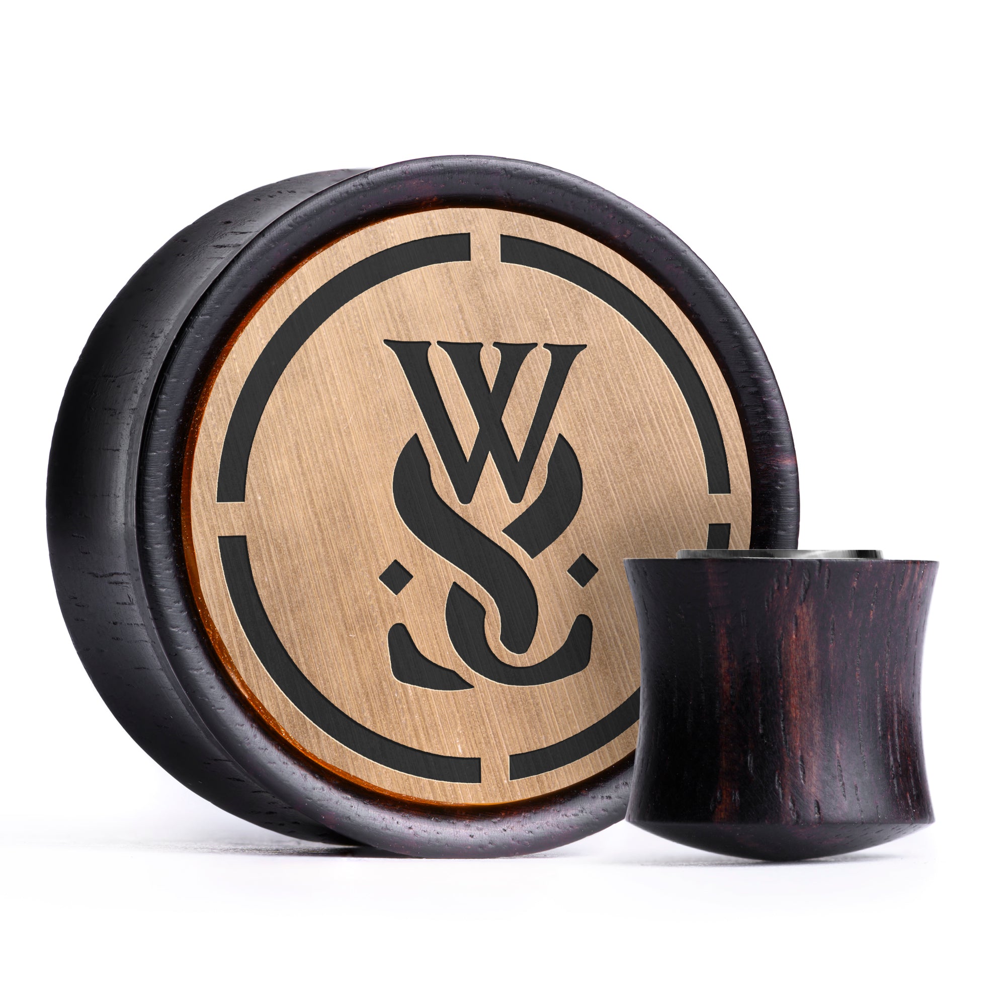 WSS Clean Emblem Plug / Gauge - Gebürstetes Gold & Schwarzes Inlay Ebenholz | Konvexer Double Flare