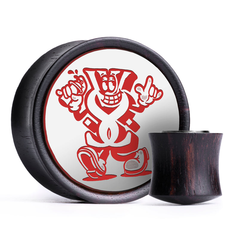 WSS Plug mascotte / calibre - bois d’ébène incrusté blanc et rouge | double évasement convexe