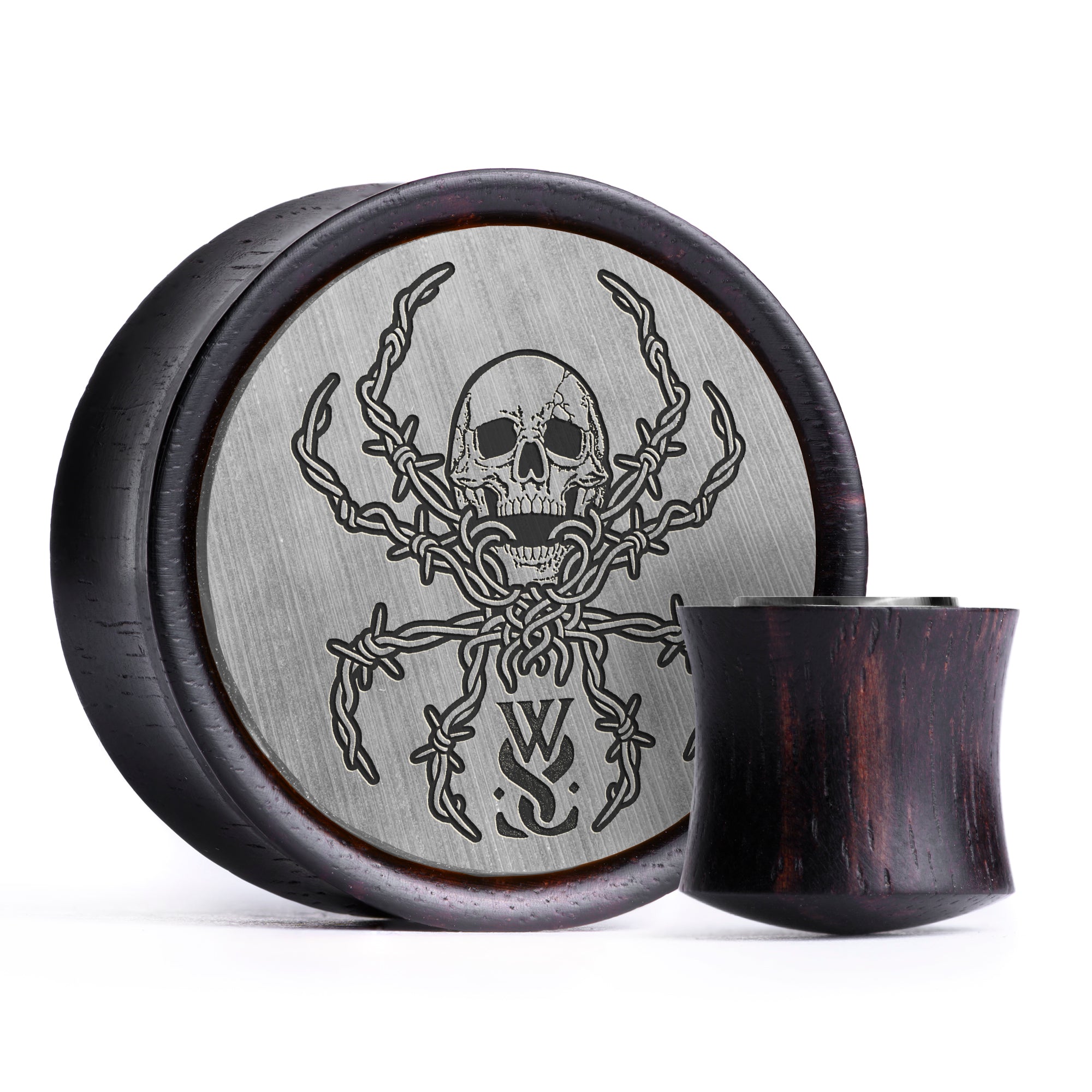 WSS Social Skull Plug / Gauge - Brushed Silver & Black Inlay Ebony Wood | Convex Double Flare