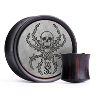 WSS Social Plug tête de mort / Gauge - Bois d’ébène à incrustation noire et argent brossé | Double évasement convexe