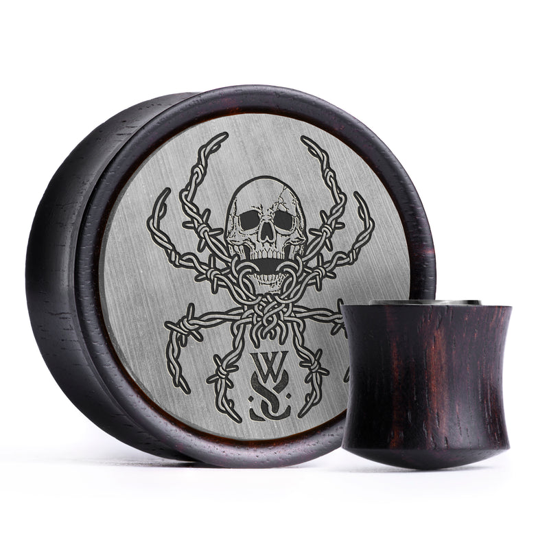 WSS Social Plug tête de mort / Gauge - Bois d’ébène à incrustation noire et argent brossé | Double évasement convexe