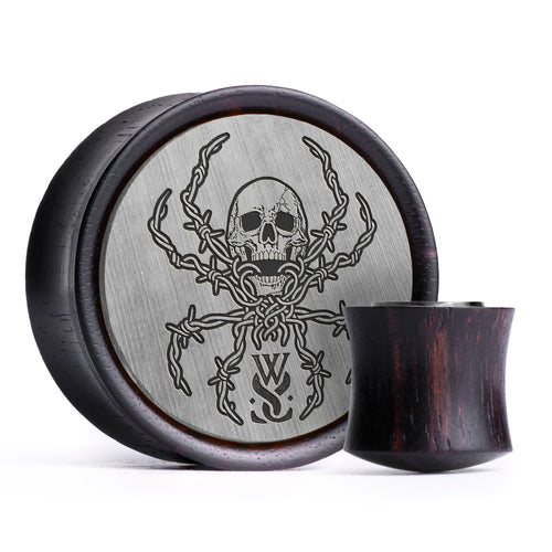 WSS Social Skull Plug / Gauge - Gebürstetes Silber & Schwarzes Inlay Ebenholz | Konvexer Doppel-Flare