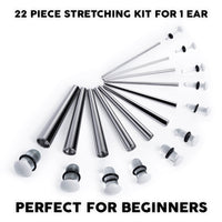Kit d'étirement d'oreille débutant, Taper en acier chirurgical & Plug / Gauge en verre blanc transparent - 22 pièces