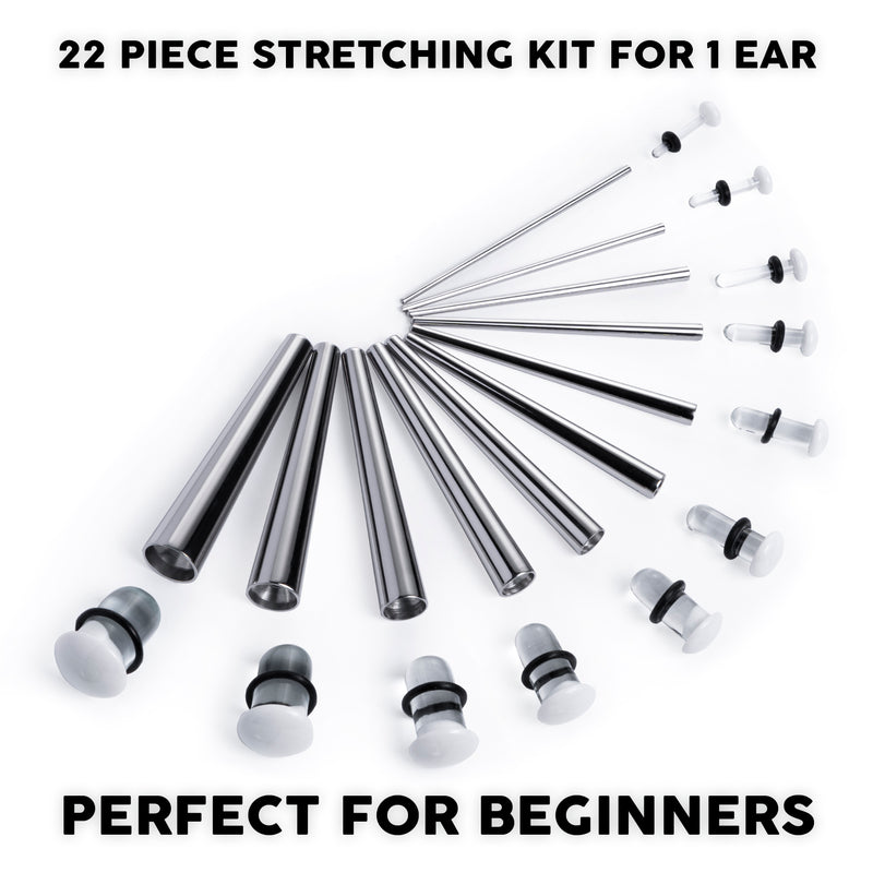 Kit d'étirement d'oreille débutant, Taper en acier chirurgical & Plug / Gauge en verre blanc transparent - 22 pièces