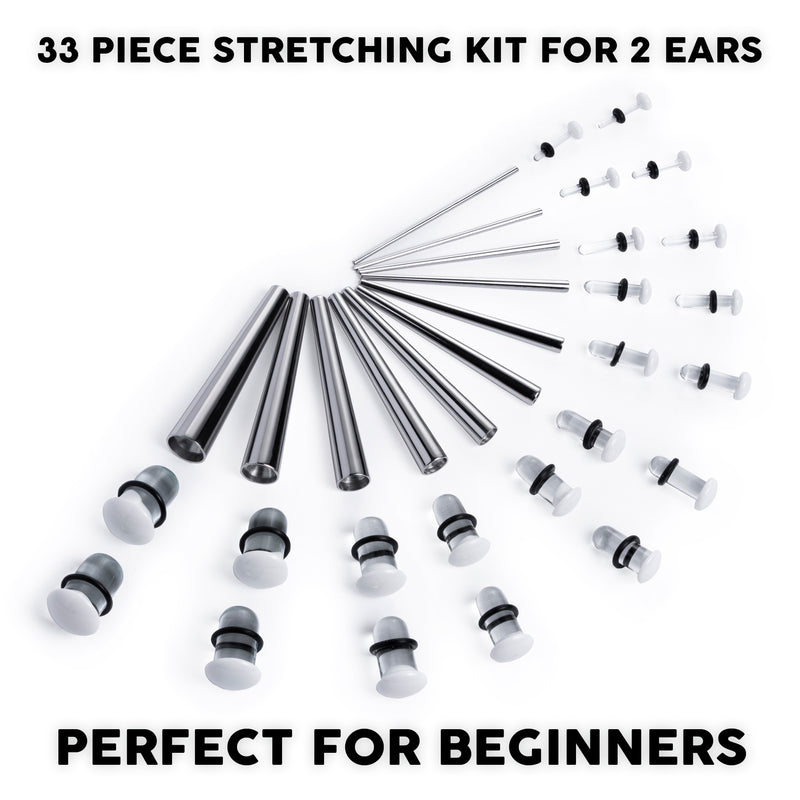 Kit d'étirement d'oreille débutant, Taper en acier chirurgical & Plug / Gauge en verre blanc transparent - 33 pièces